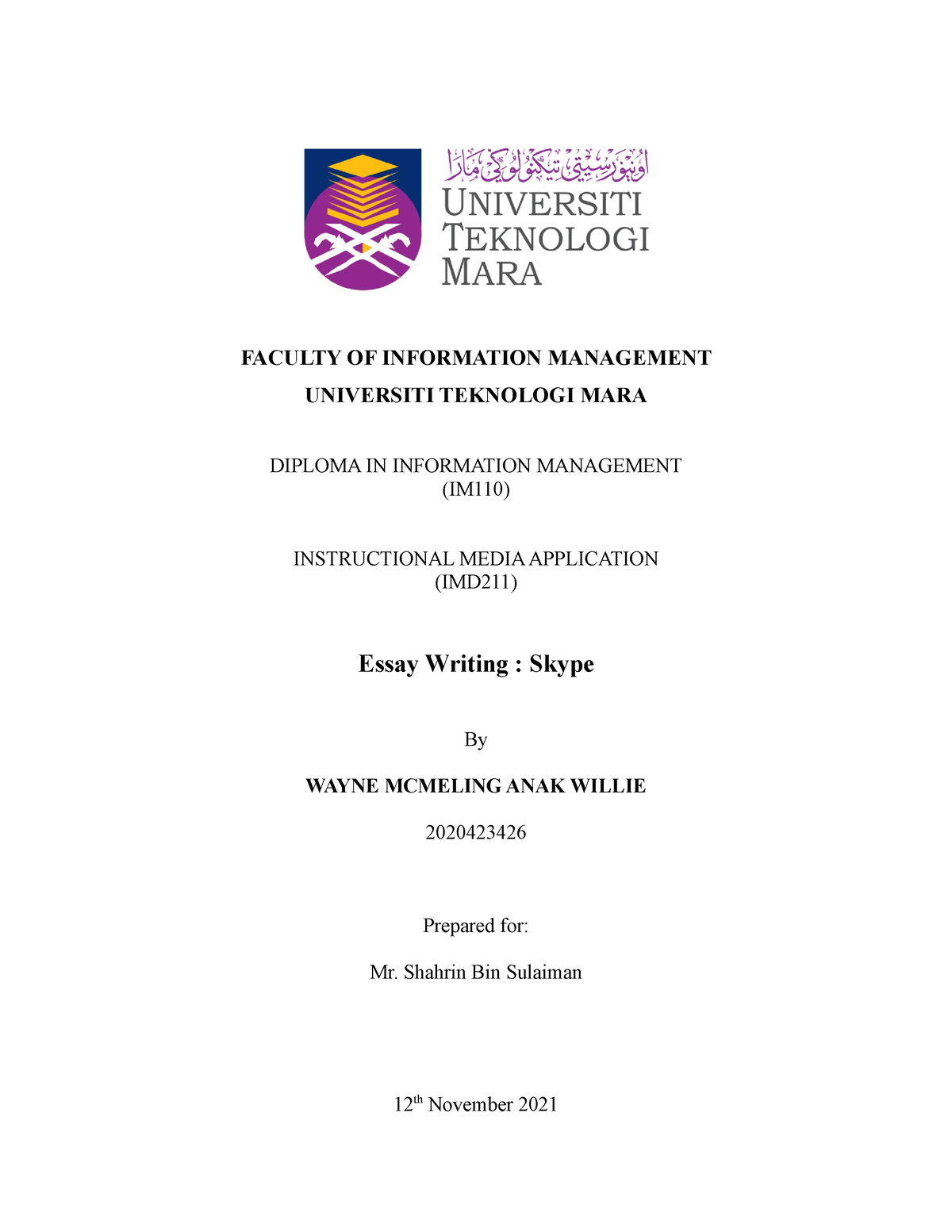 cover page for assignment uitm
