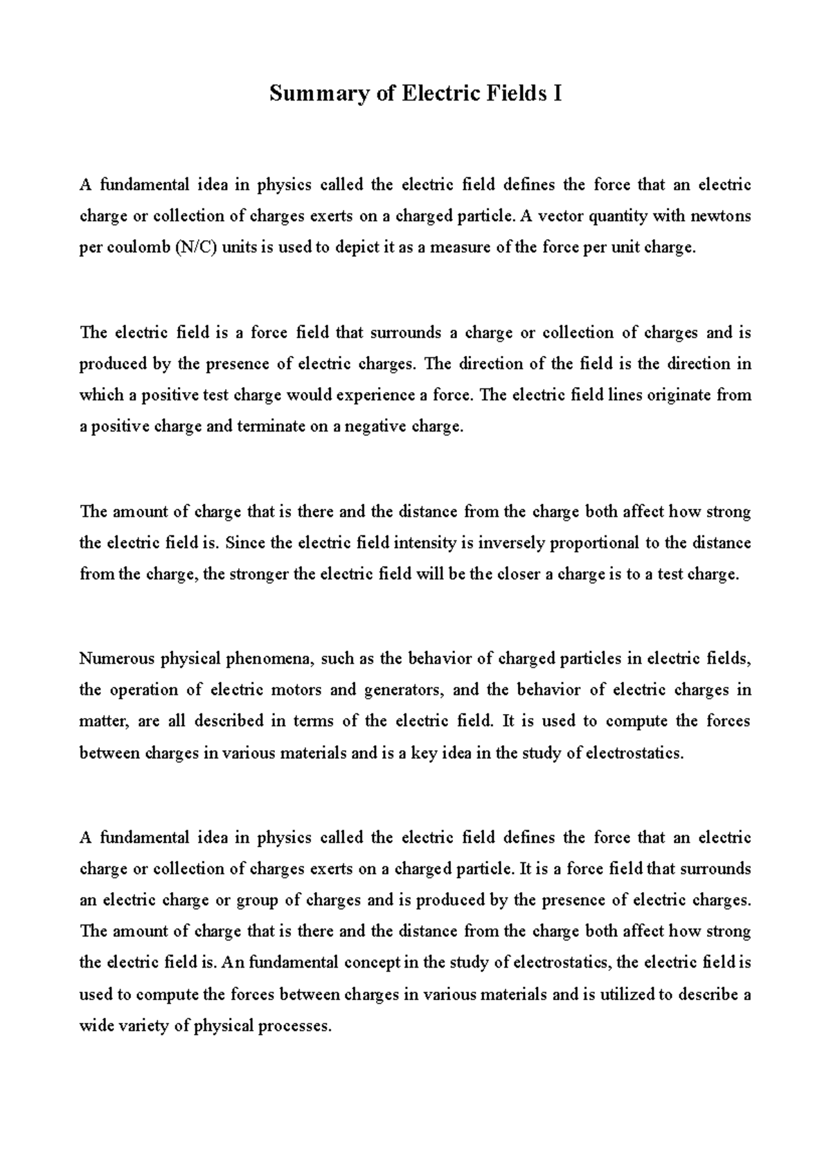 Summary Of Electric Fields 1 - A Vector Quantity With Newtons Per 