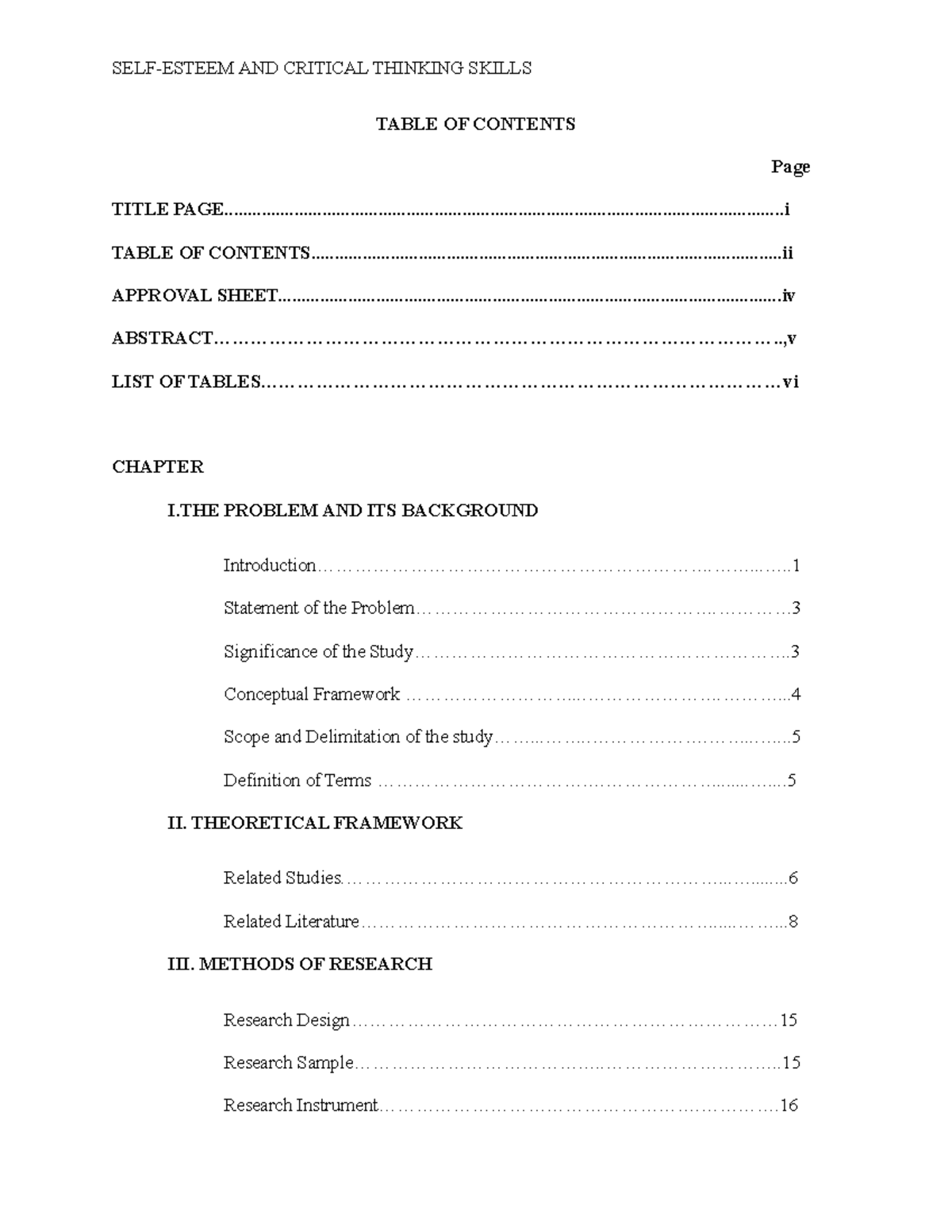 Table-OF- Contents - oooo - SELF-ESTEEM AND CRITICAL THINKING SKILLS ...