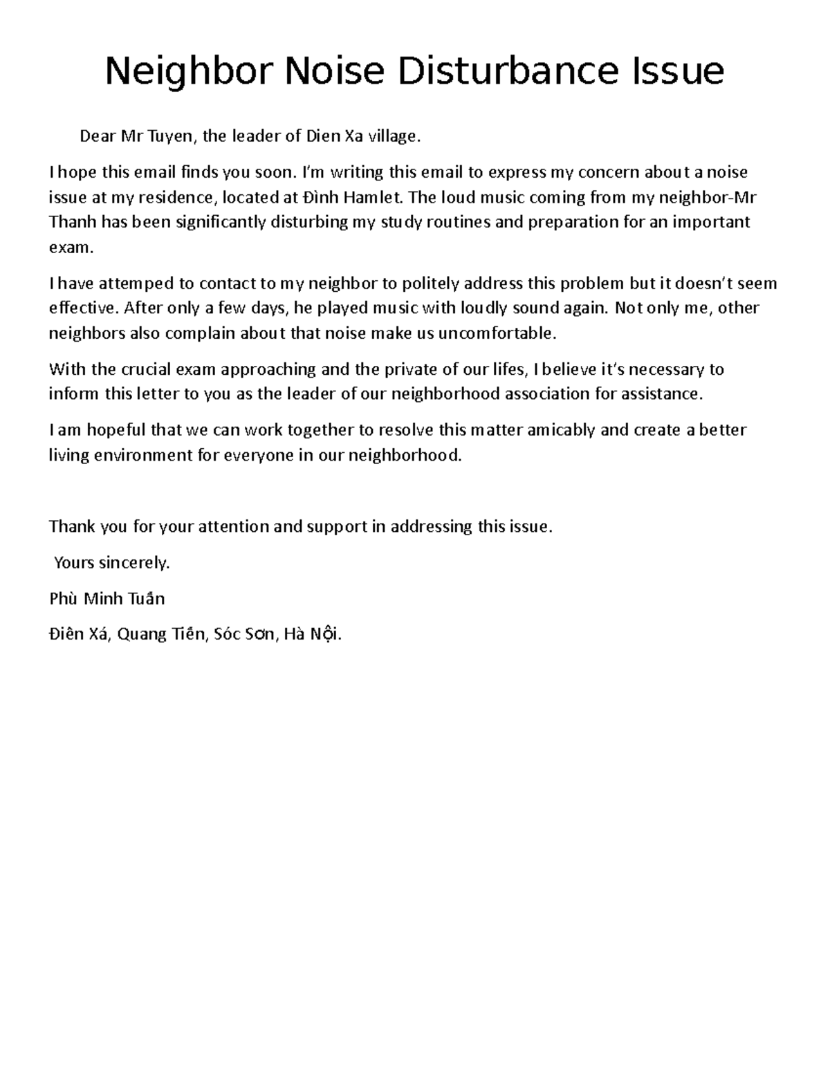 Complain letter - Neighbor Noise Disturbance Issue Dear Mr Tuyen, the ...
