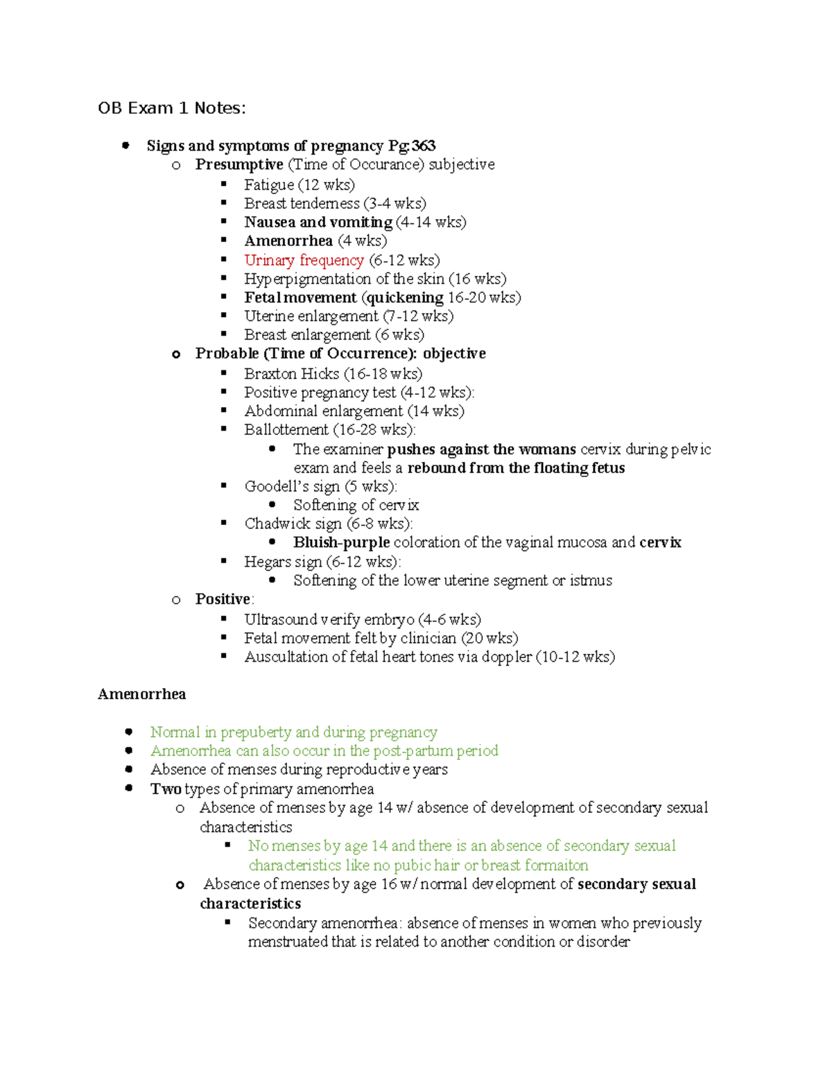 OB Exam 1 Notes - OB Exam 1 Notes: Signs and symptoms of pregnancy Pg ...