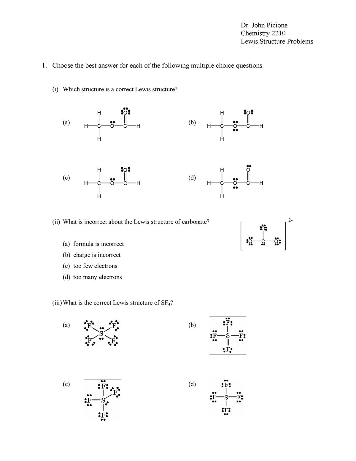 Lewis Structures - Chemistry 2210 Lewis Structure Problems Choose the ...