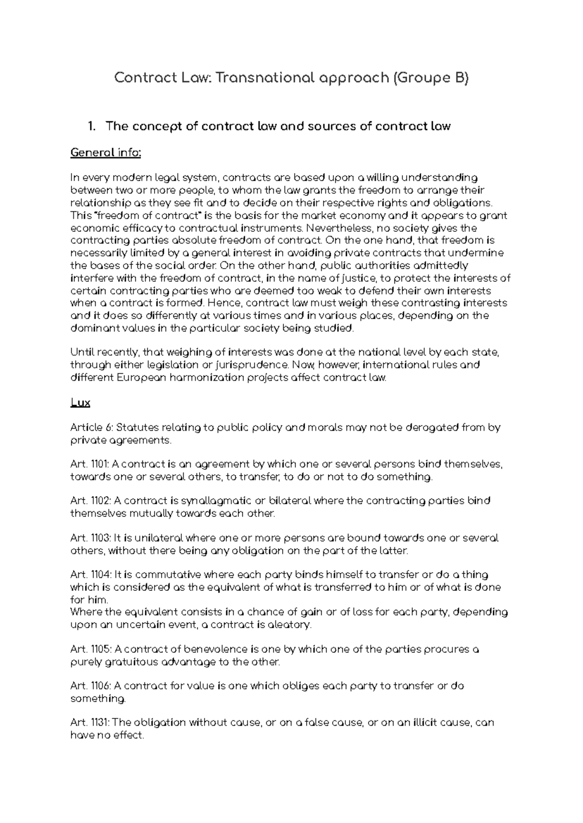 Contract Law Transnational approach (Groupe B) - The concept of ...