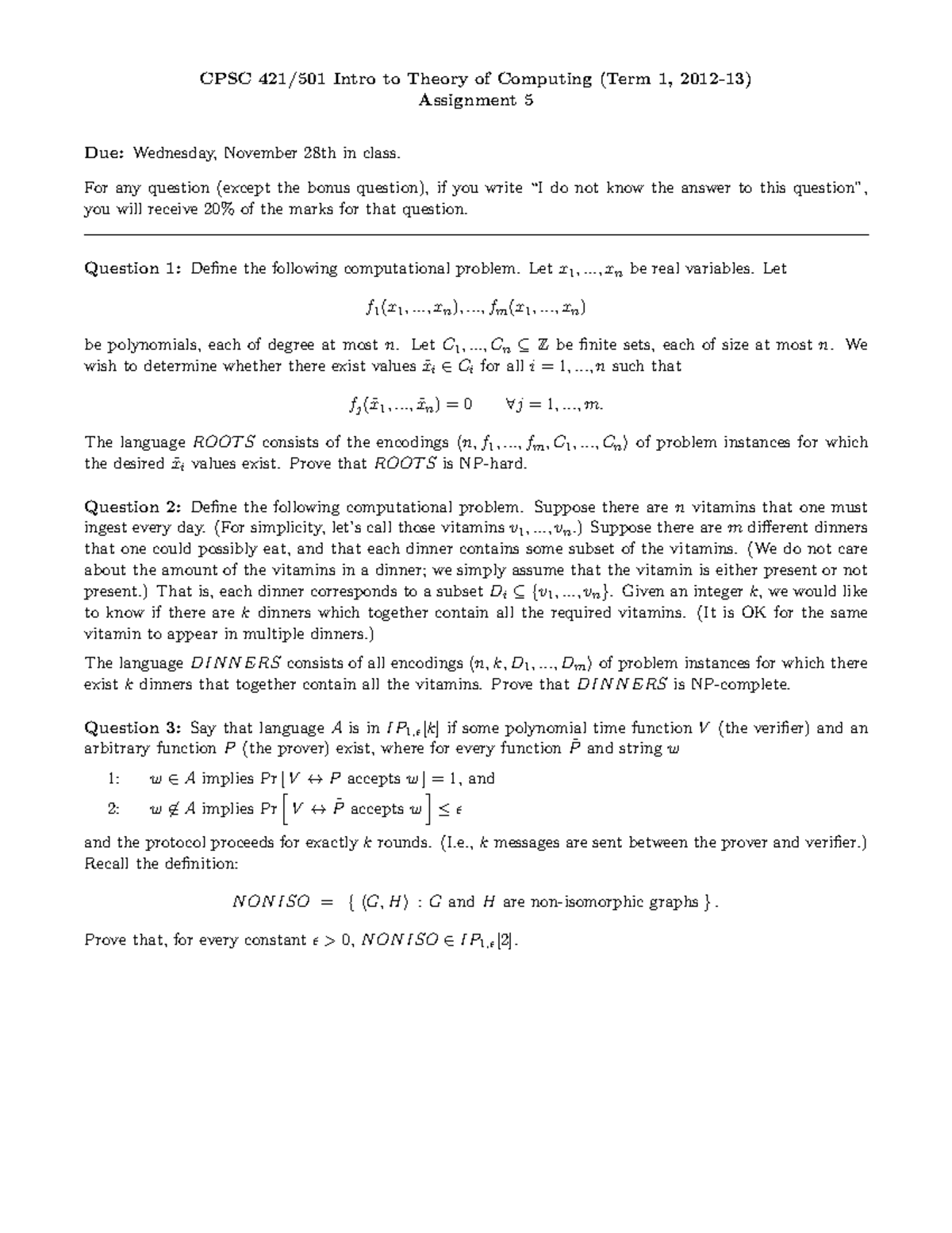 Assignment 5 Questions Cpsc 421501 Intro To Theory Of Computing Term 1 2012 13 6938