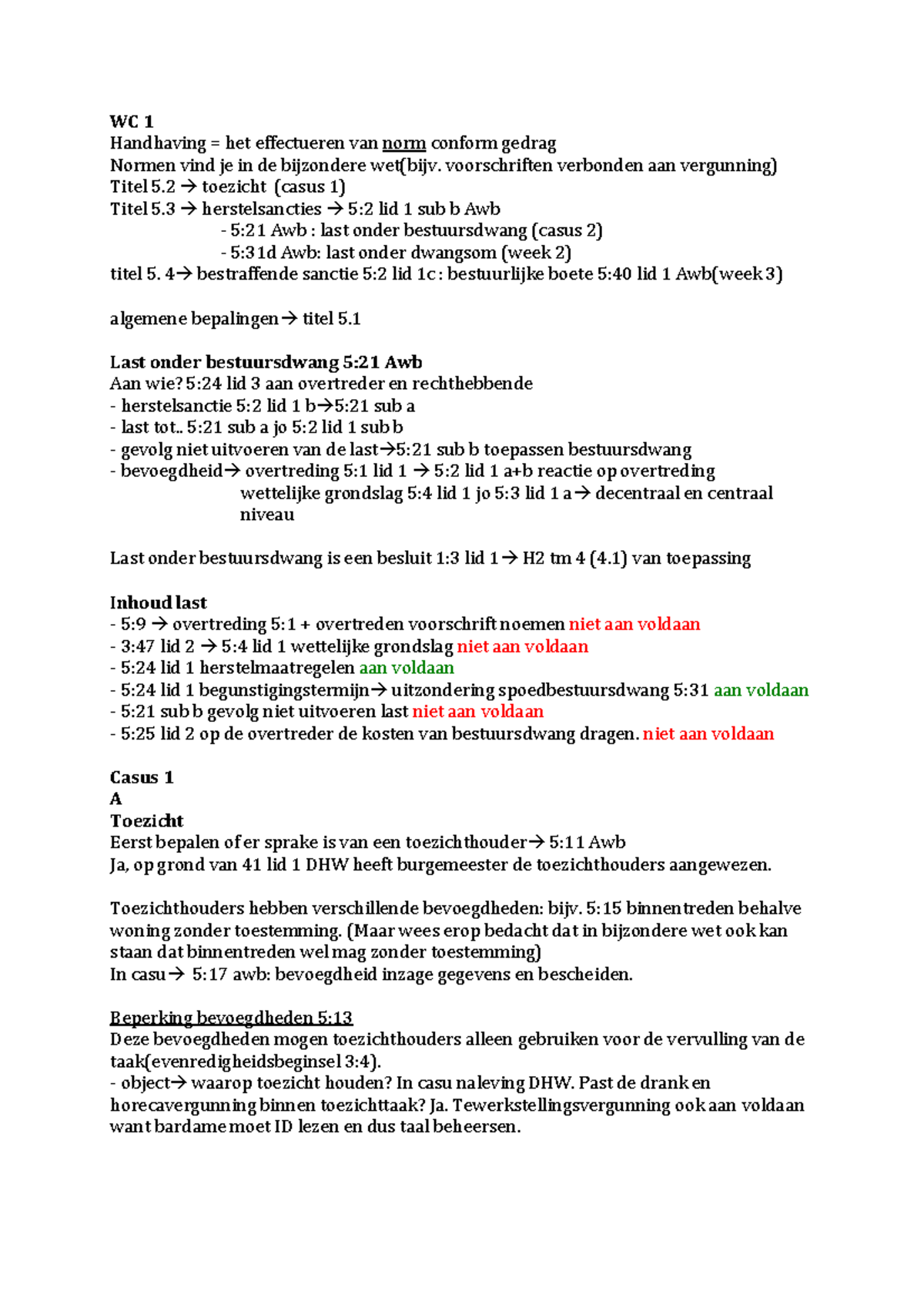 Bestuursrecht II - Werkgroep Uitwerkingen - WC 1 - WC 1 Handhaving ...