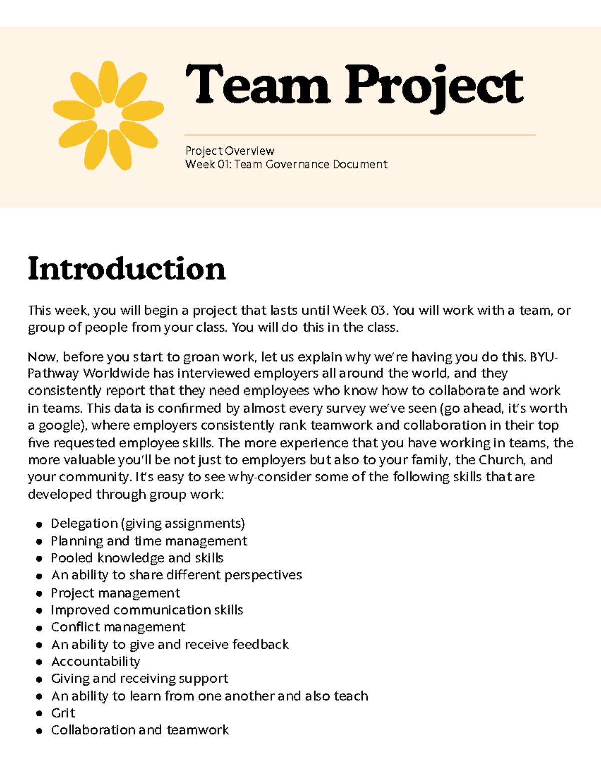 Week 01 Team Governance Project - Introduction This week, you will ...