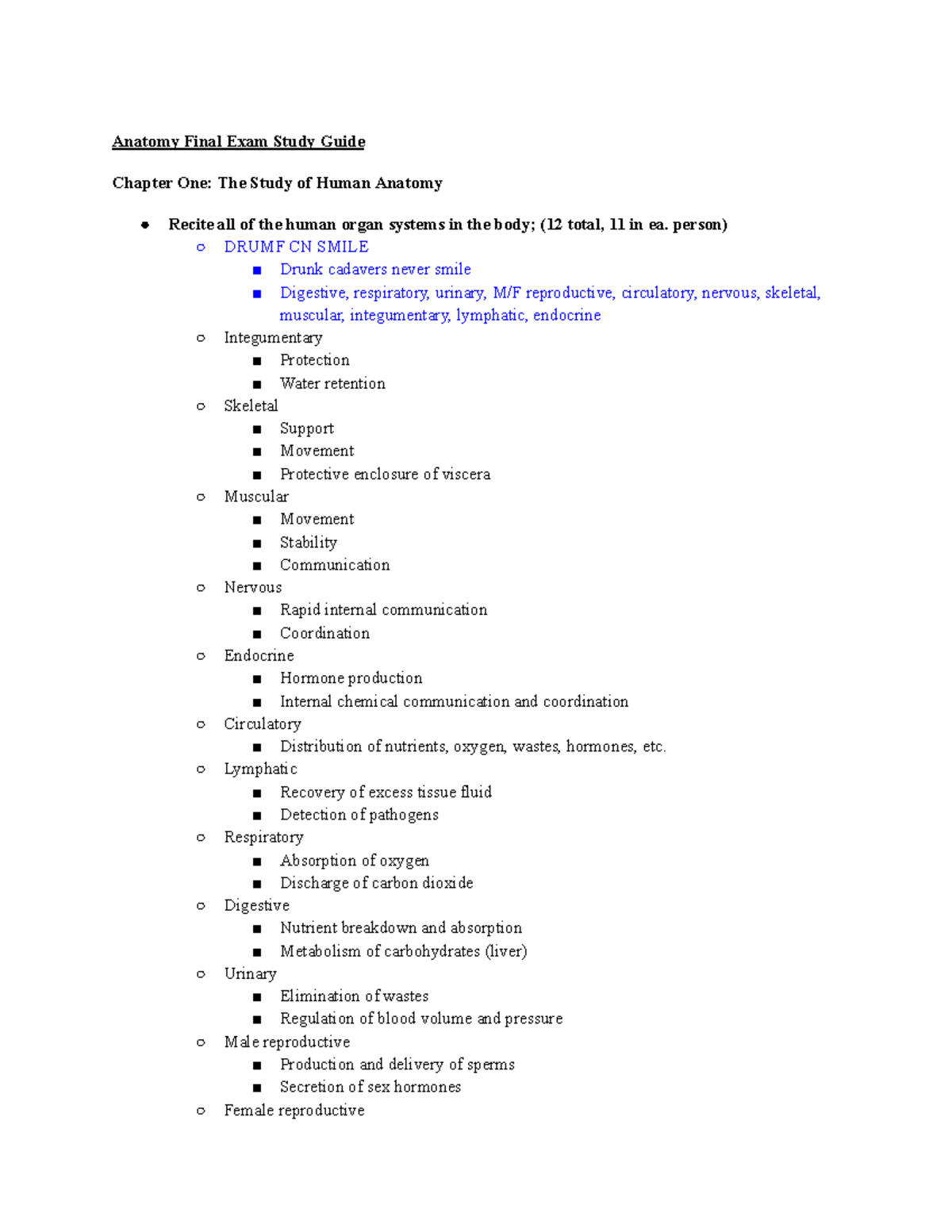 Anatomy Final Exam Study Guide Anatomy Final Exam Study Guide Chapter