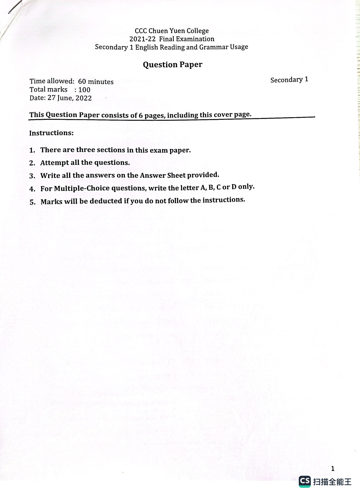 Chuen Yuen s1 final exam English Grammar I EdUHK Studocu