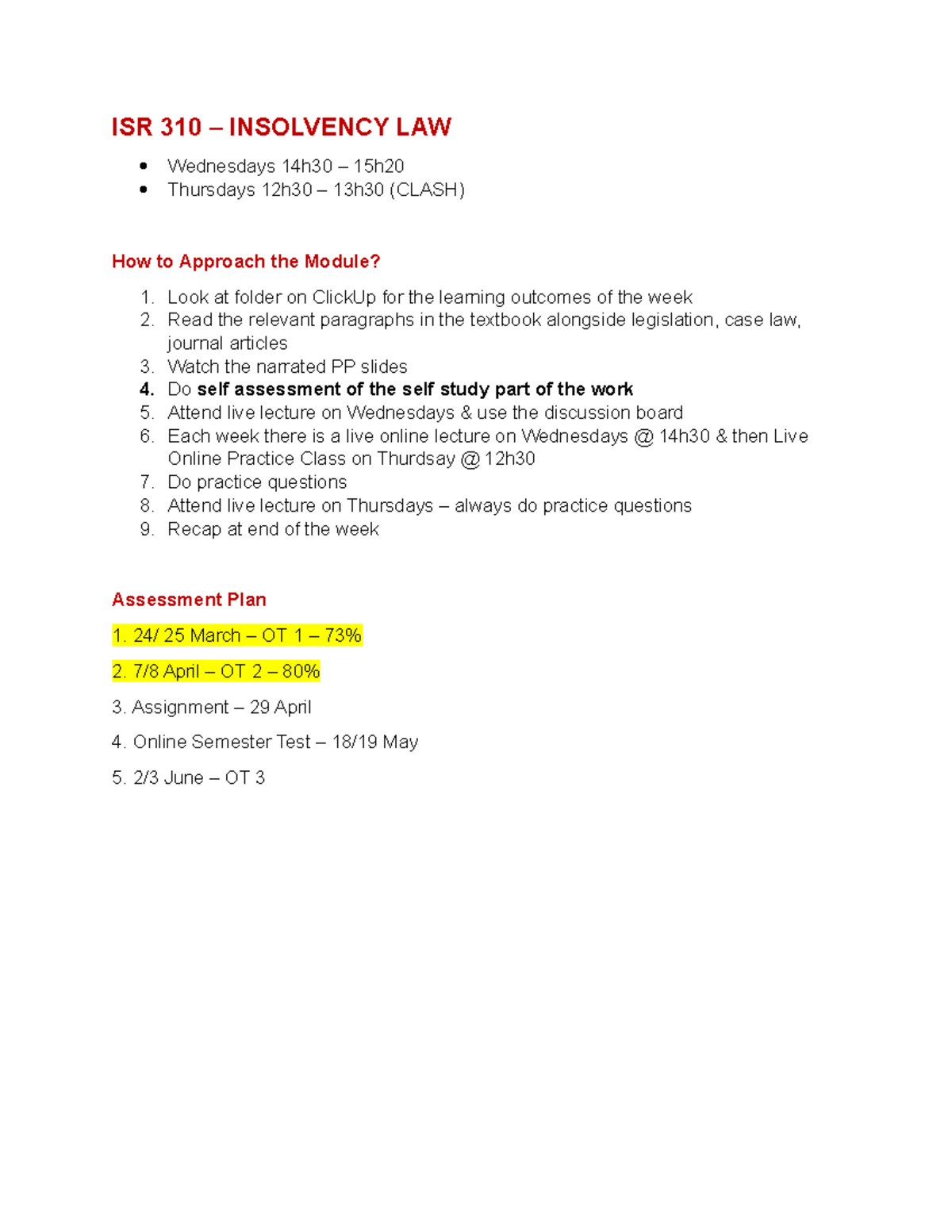 Isr Notes New Isr 310 Insolvency Law Wednesdays 14h30 15h