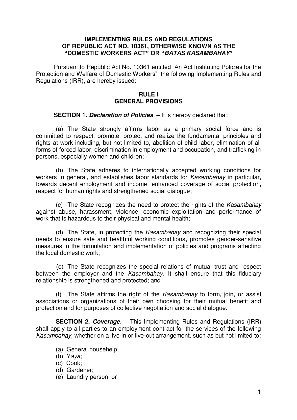 Kasambahay Law - Hdfhdfhdfhdfhd - IMPLEMENTING RULES AND REGULATIONS OF ...