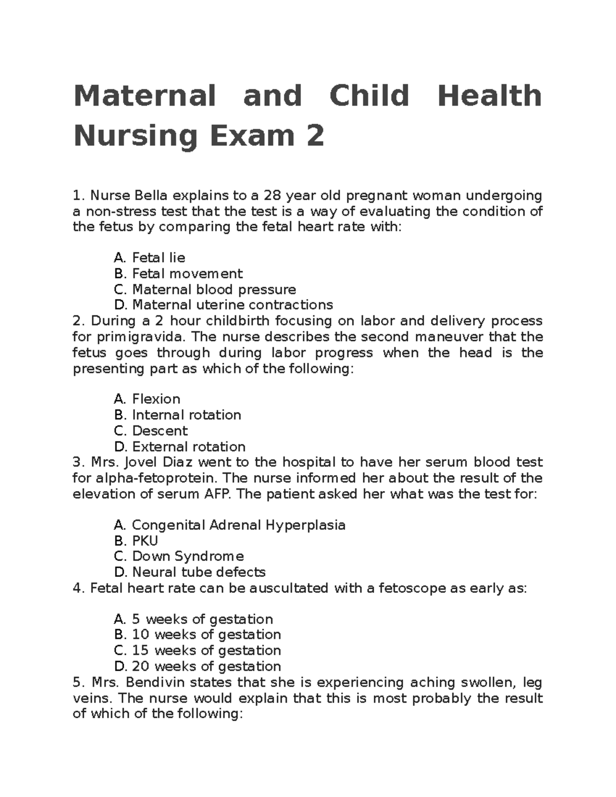 Maternal and Child Health Nursing Exam 2 Maternal and Child Health