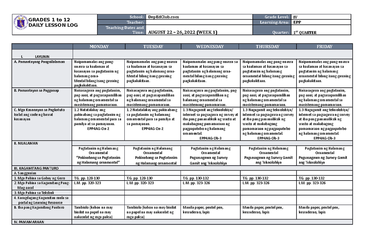 Dll Epp 4 Q1 W1 Agri Daily Lesson Log Grades 1 To 12 Daily Lesson Log School Depedclub 1781