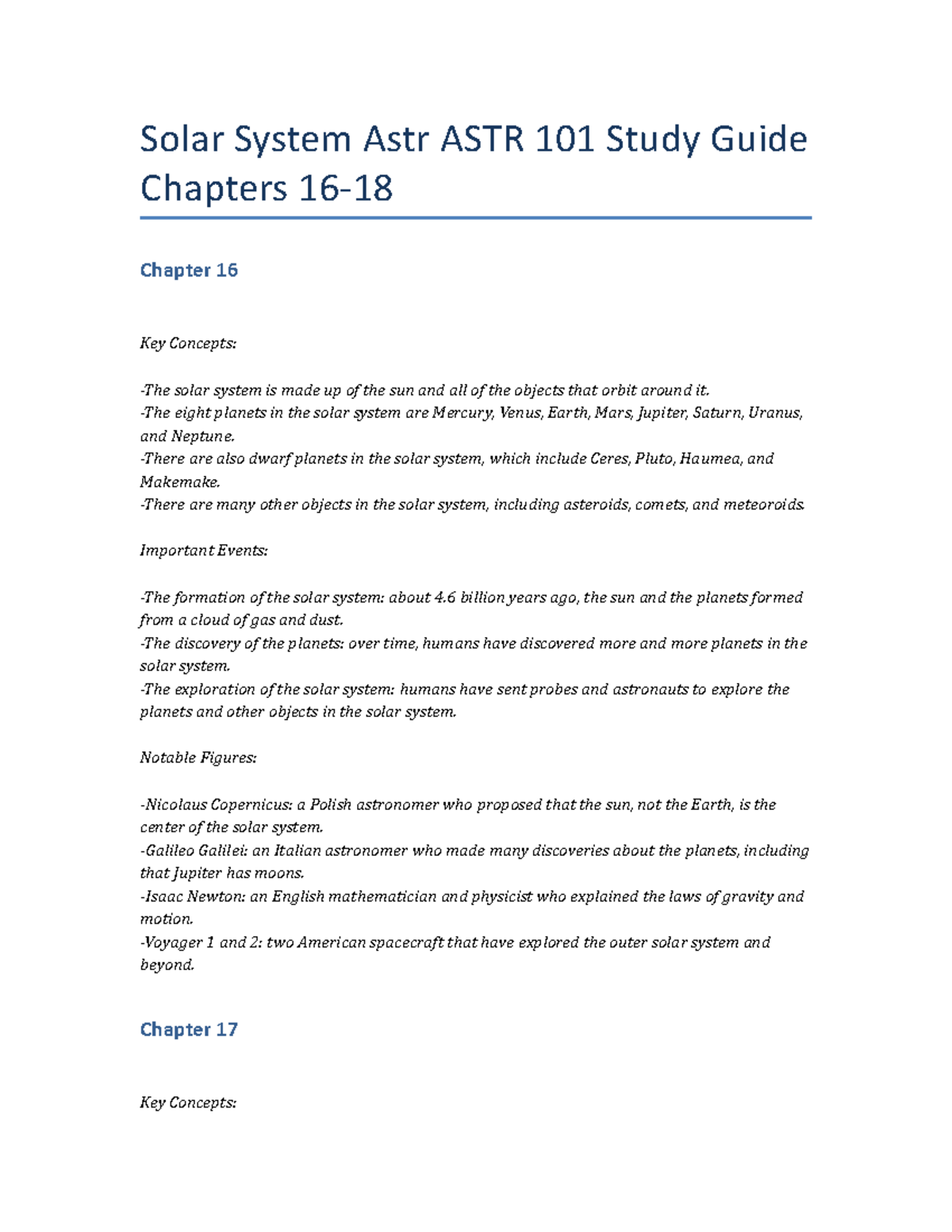 Solar System Astr ASTR 101 Study Guide Chapters 16-18 - Solar System ...