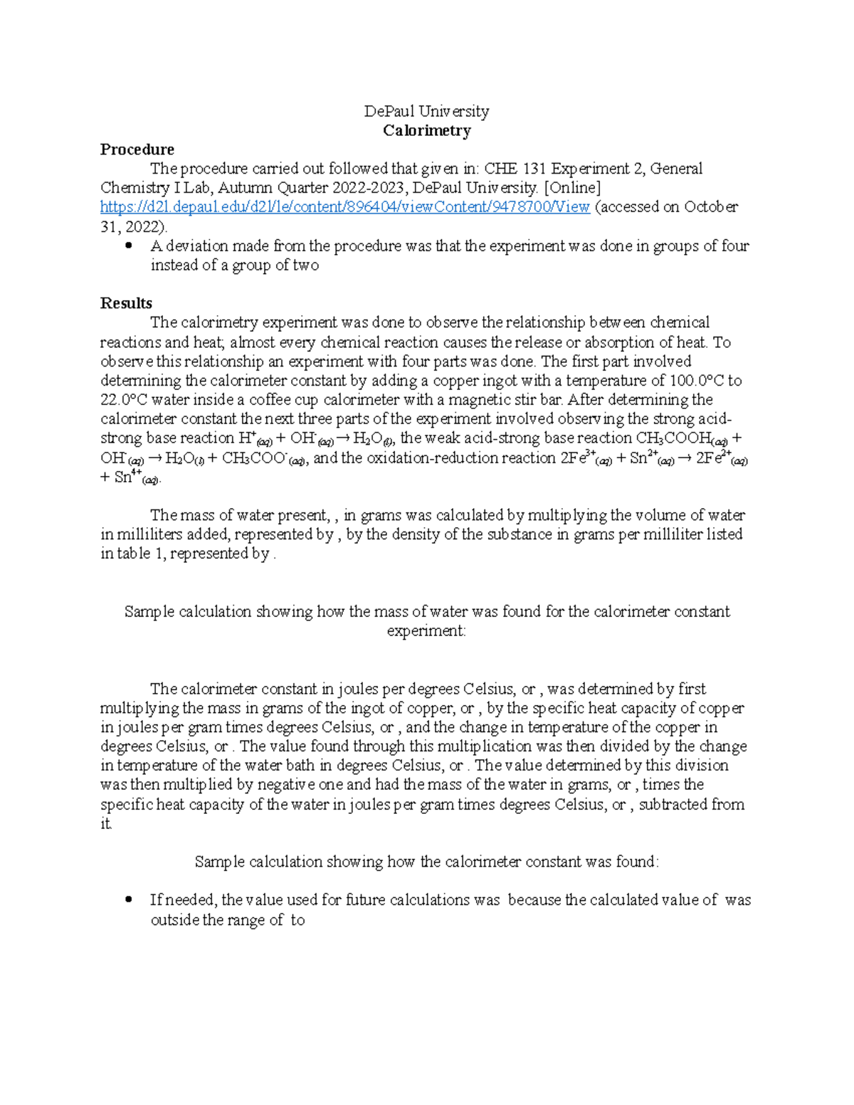 Calorimetry Report DePaul University Calorimetry Procedure The