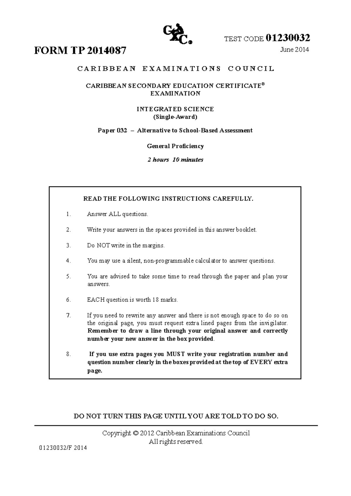 CSEC Integrated Science June 2014 P032 - TEST CODE 01230032 FORM TP ...