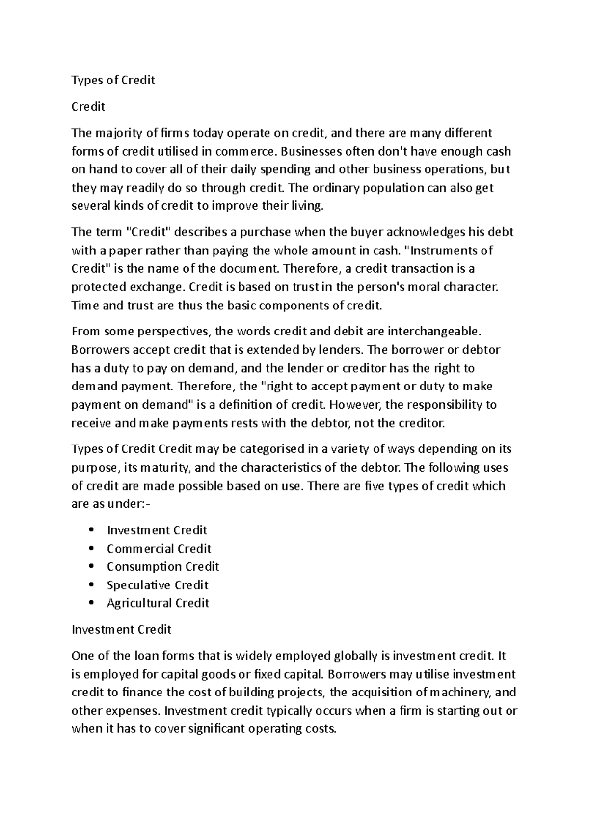 Types of Credit Banking and Finance Notes for all Types of Credit