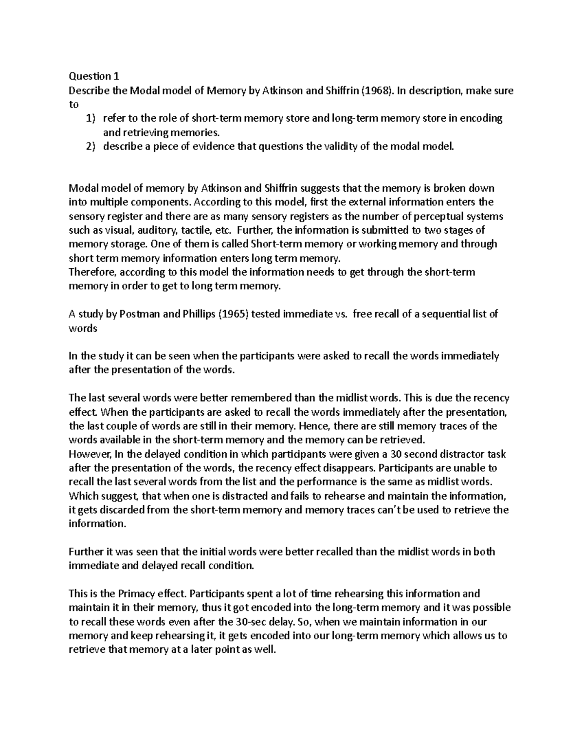 Quiz 07 2020, answers - Question 1 Describe the Modal model of Memory ...