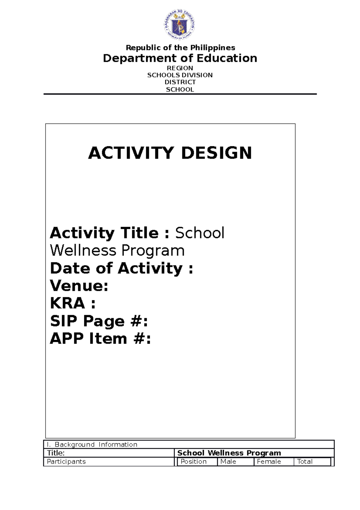Activity Design- Mapeh- Wellness Program - Republic of the Philippines ...