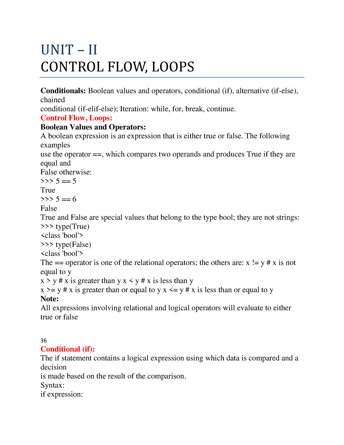 UNIT 2 Python Programming - UNIT – II CONTROL FLOW, LOOPS Conditionals ...