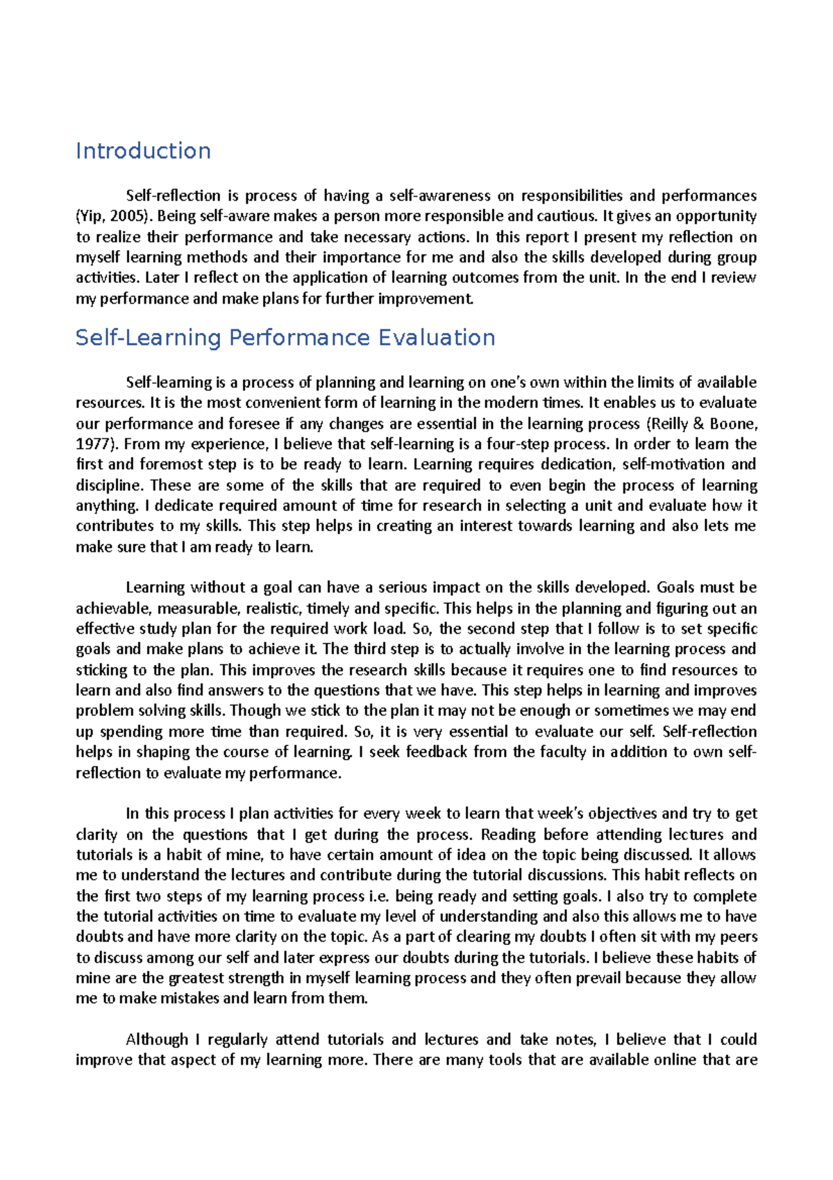 Self Reflection - Assignment - Introduction Self-reflection is process ...