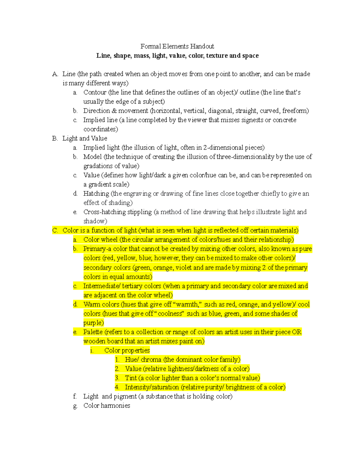 5)Formal Elements Handout - Formal Elements Handout Line, shape, mass ...