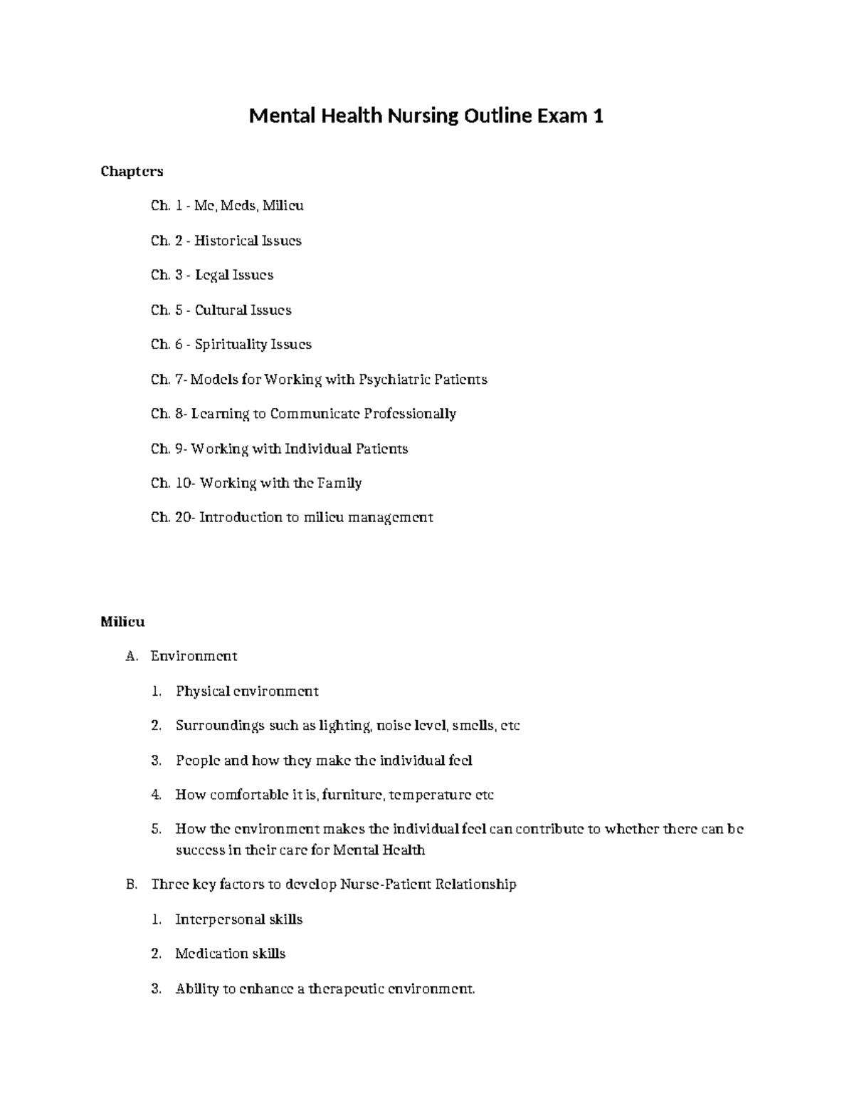 Mental Health Nursing Outline Exam 1 - 1 - Me, Meds, Milieu Ch. 2 ...