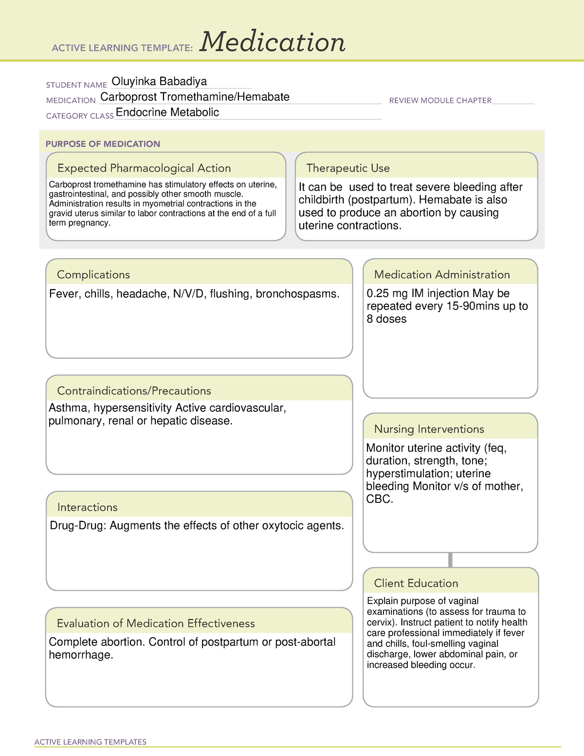 Carboprost Tromethamine ACTIVE LEARNING TEMPLATES Medication STUDENT
