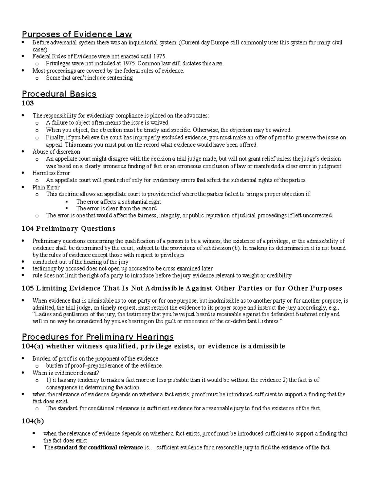 Evidence Outline - Lecture Notes All - Purposes Of Evidence Law Before ...