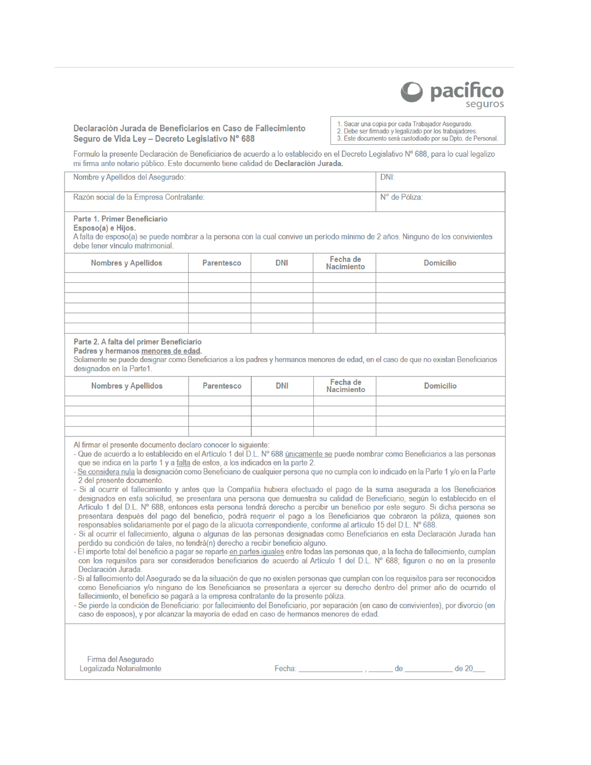 Formato Declaraci Ã³n Jurada Del Seguro Vida Ley - Administración De ...