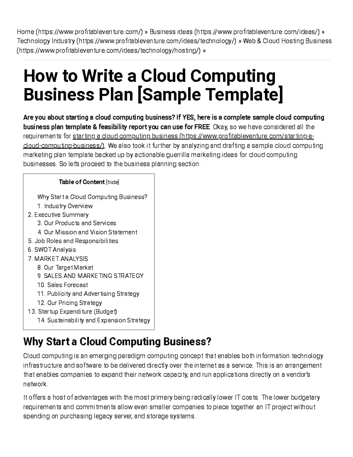 sample business plan for cloud services