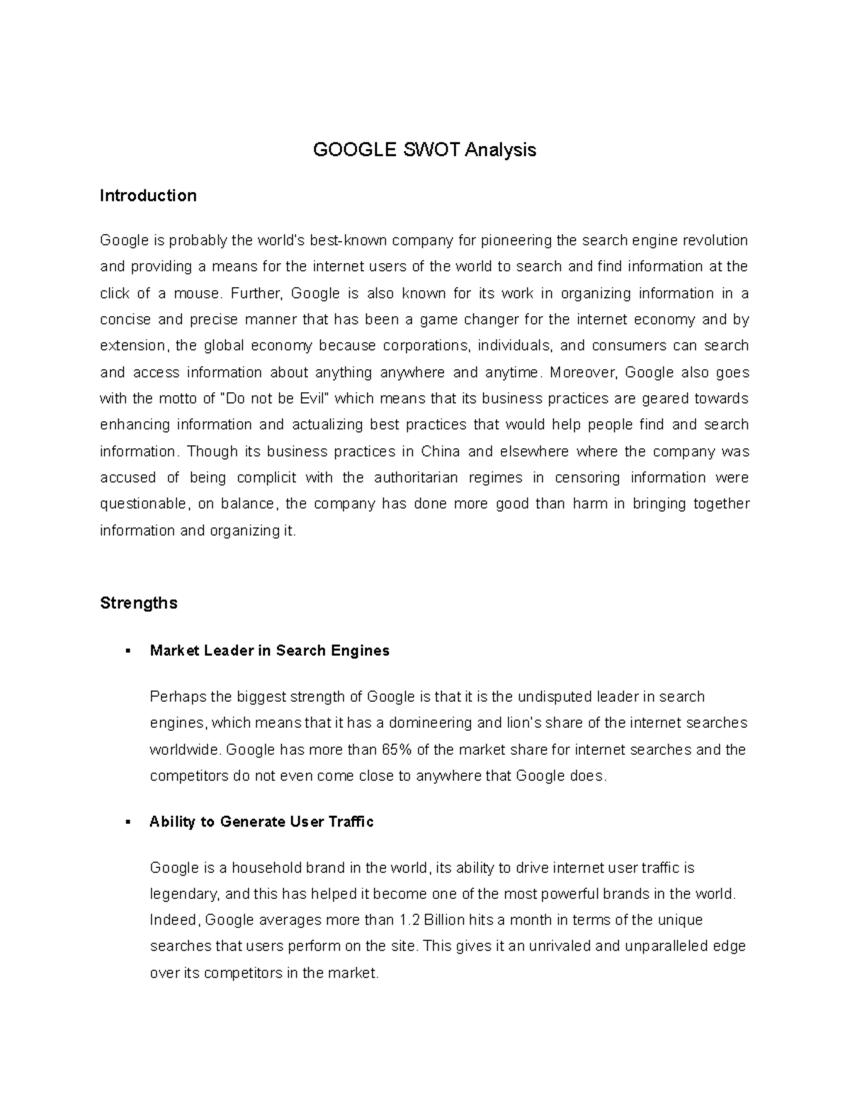 The Swot Analysis Of Google - Google Swot Analysis Introduction Google 