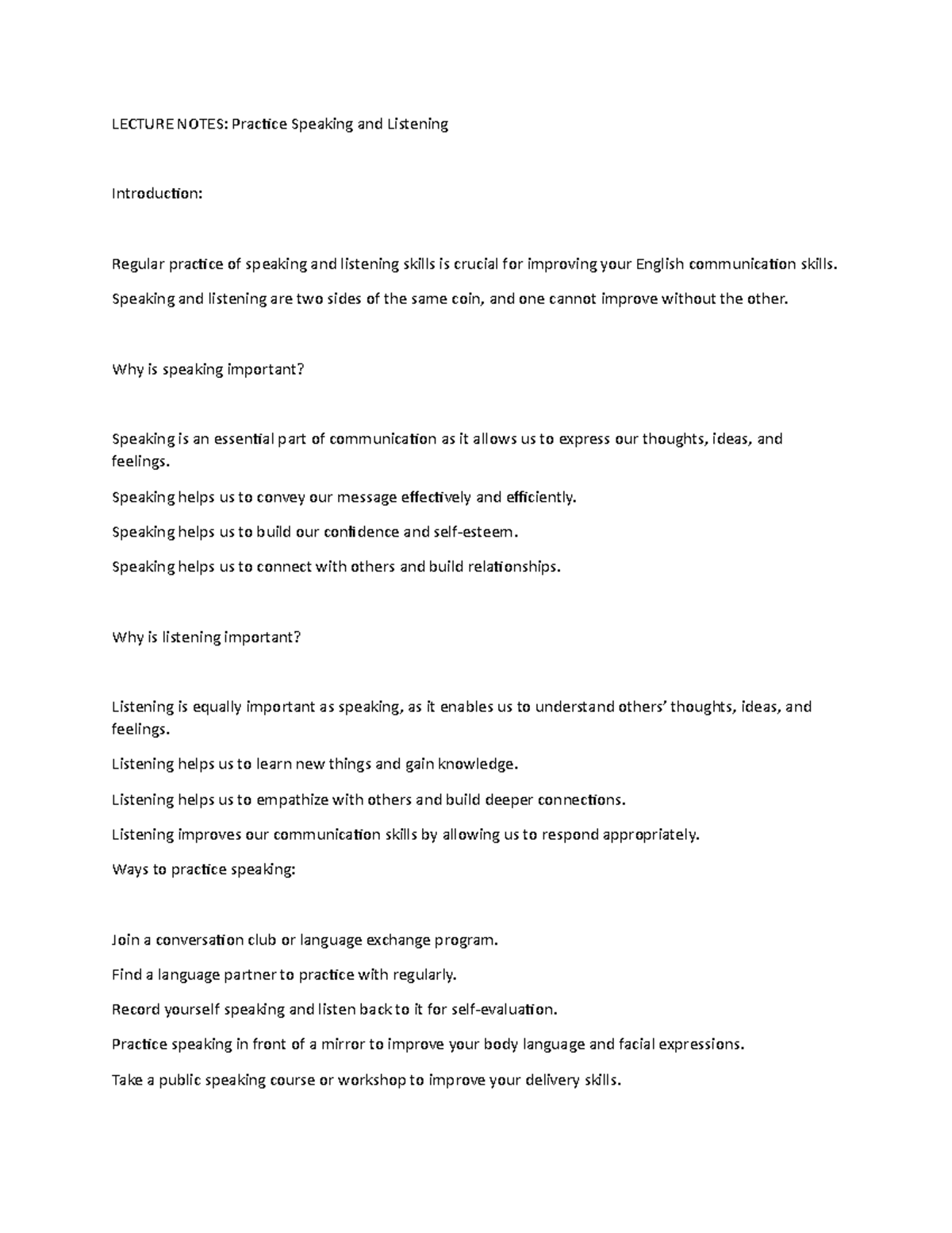 Lecture Notes for Practice Speaking and Listening - LECTURE NOTES ...