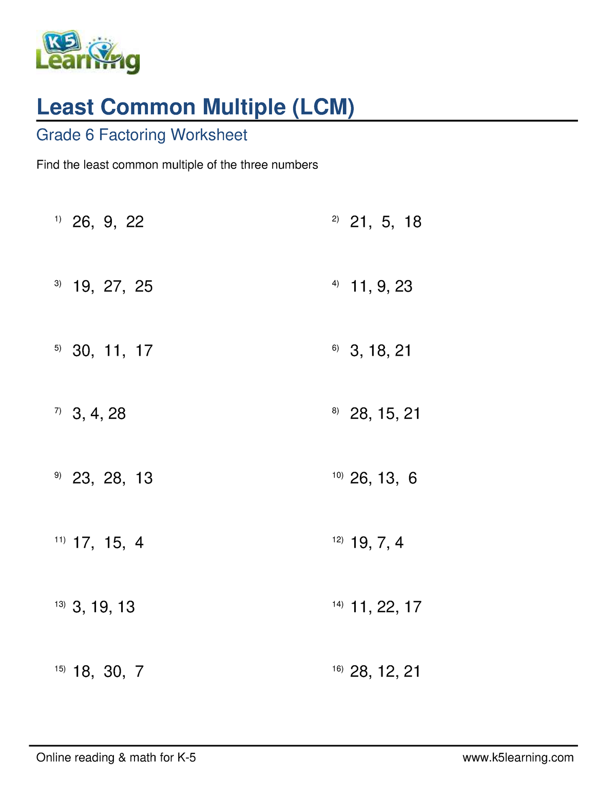 Grade 6 least common multiple lcm 3 numbers 2 30 b - Online reading ...