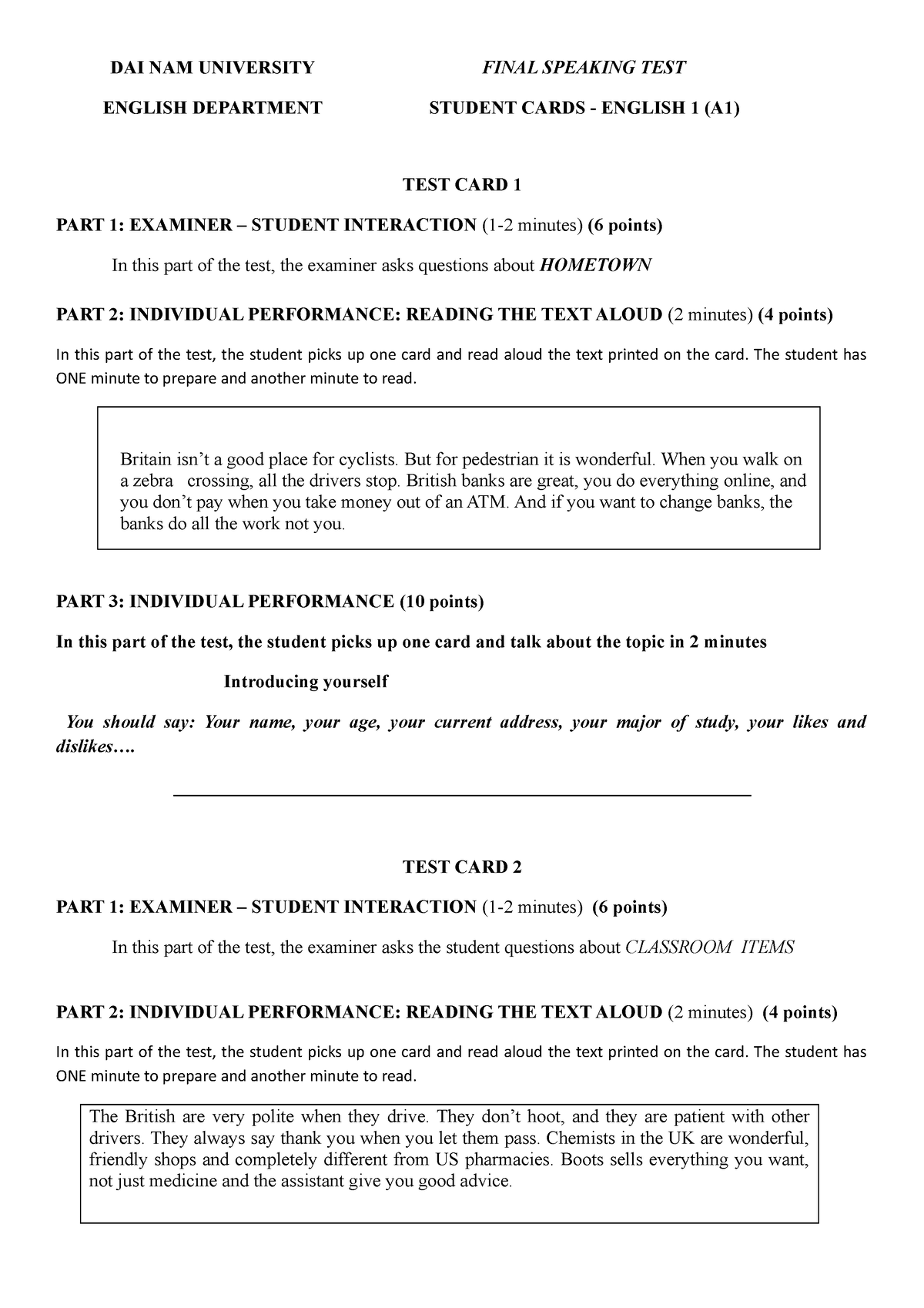 Speaking Cards For Students - 4 Credits (kì 2 2022-2023) - Dai Nam 