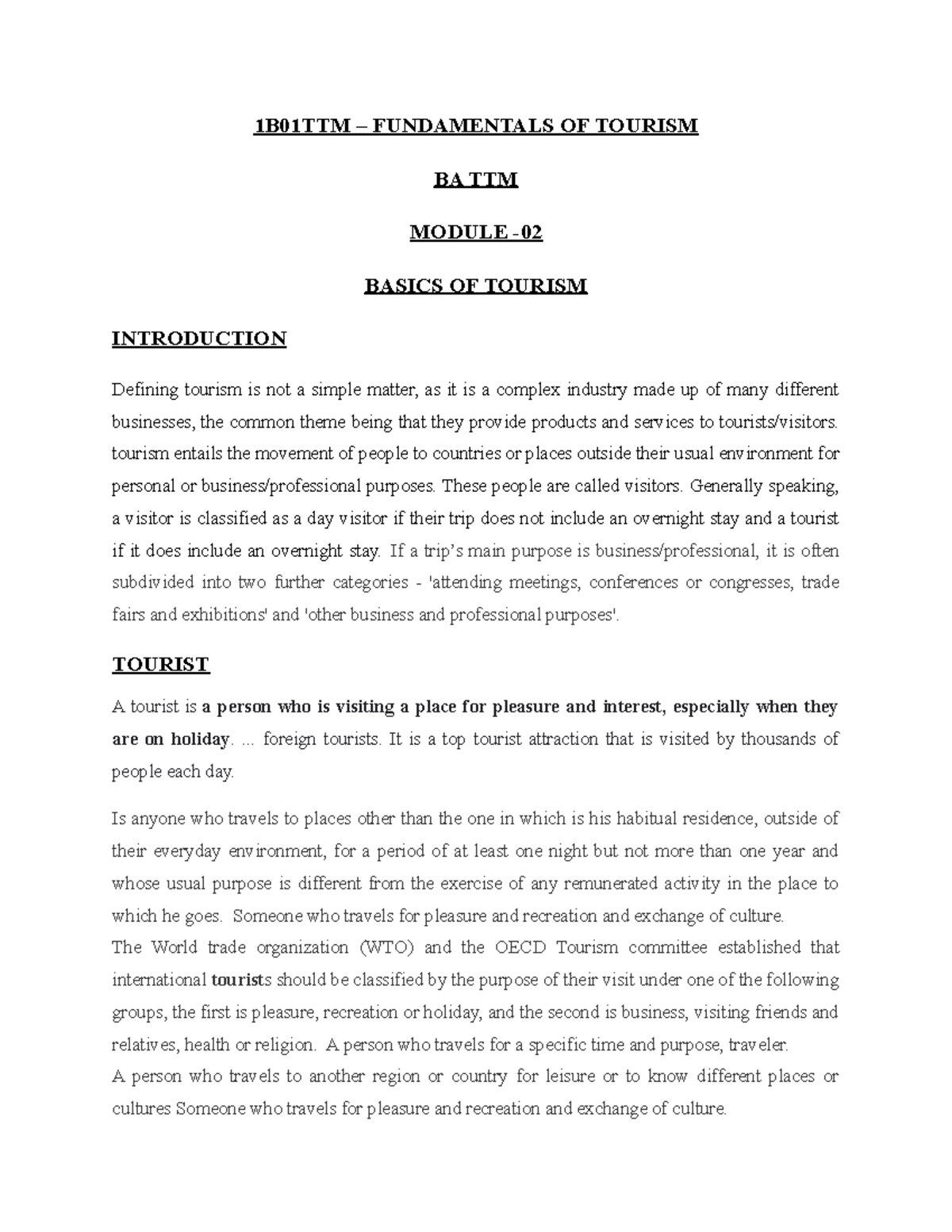 1B01TTM - Module 02 - Lecture Note - 1B01TTM – FUNDAMENTALS OF TOURISM ...