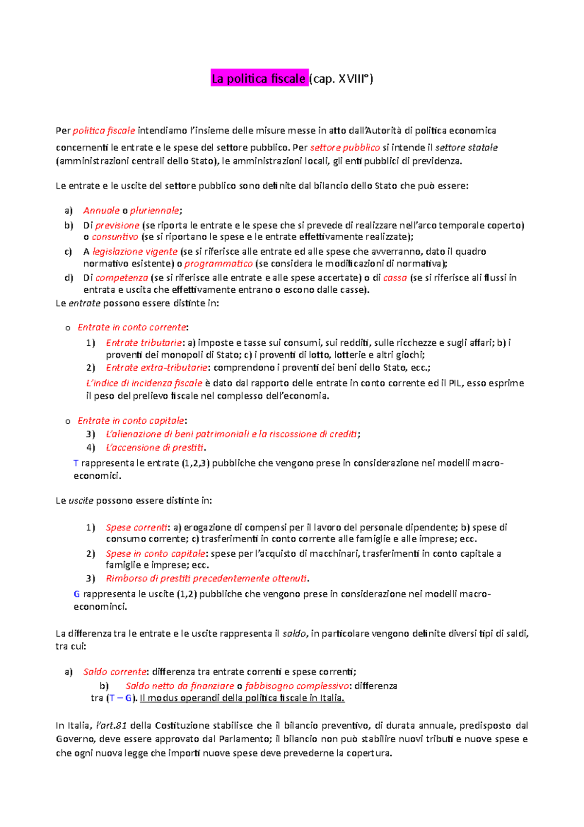 Capitolo 18 La politica fiscale - La politica fiscale (cap. XVIII°) Per ...
