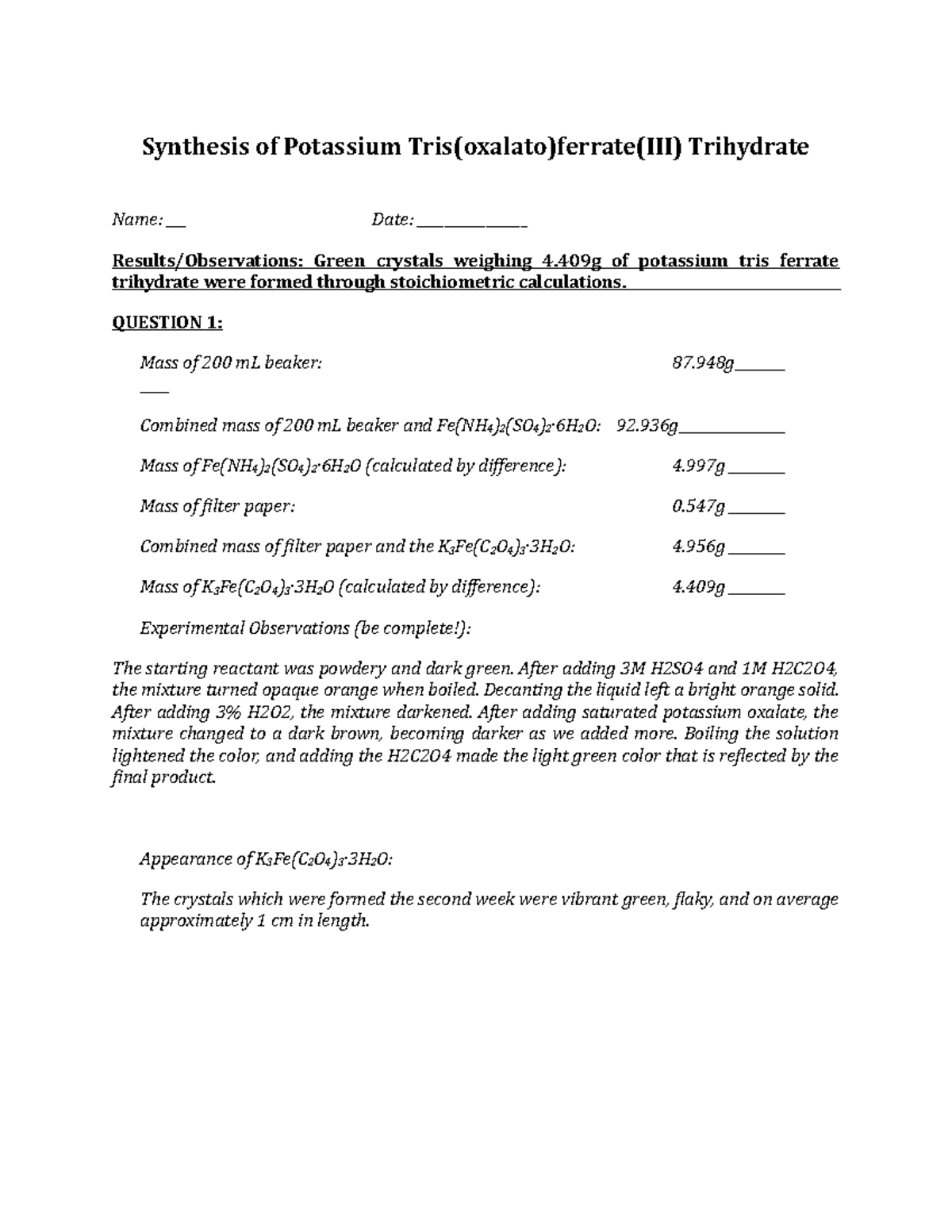 Complex Iron Lab Synthesis of Potassium Tris(oxalato)ferrate(III