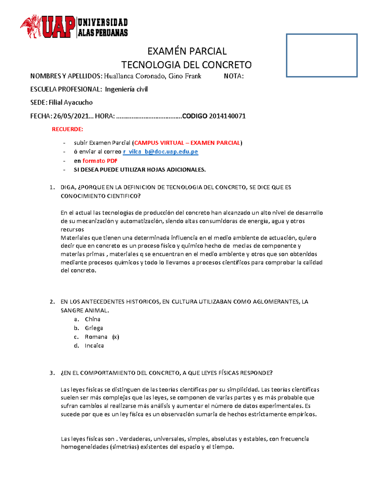 Examen Parcial De Tecnologia Del Concreto - EXAM.. PARCIAL TECNOLOGIA ...