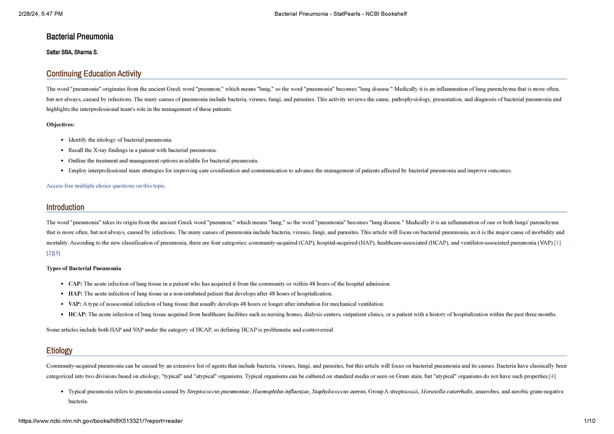 Bacterial Pneumonia - Stat Pearls - NCBI Bookshelf - Bacterial ...