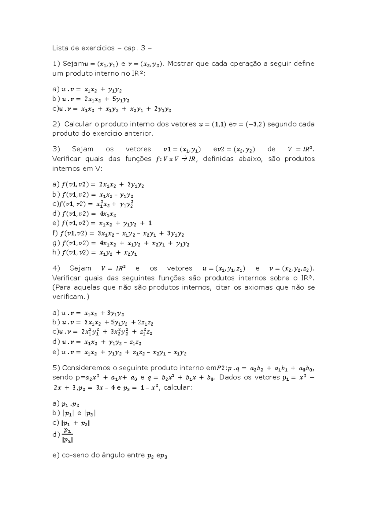 álgebra Linear - Lista De Exercícios - Produto Interno - Lista De ...