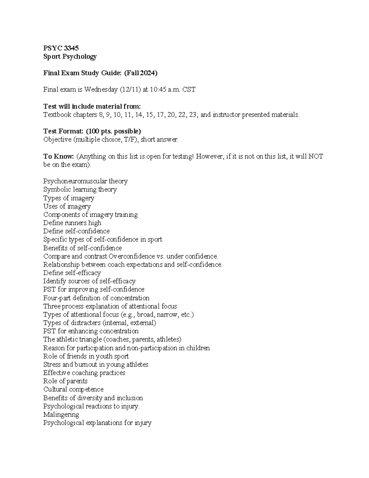 Final Exam Study Guide Fall 2024 - PSYC 3345 Sport Psychology Final ...