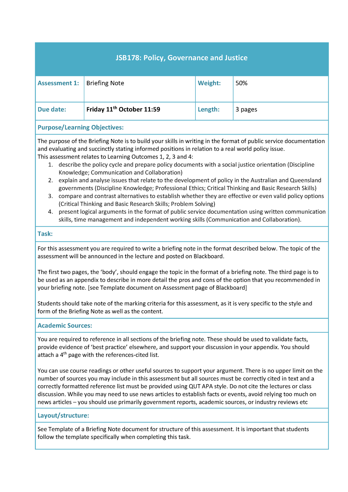 JSB178 Assessment 2 Briefing Note Task Sheet 2019 final - JSB178 ...