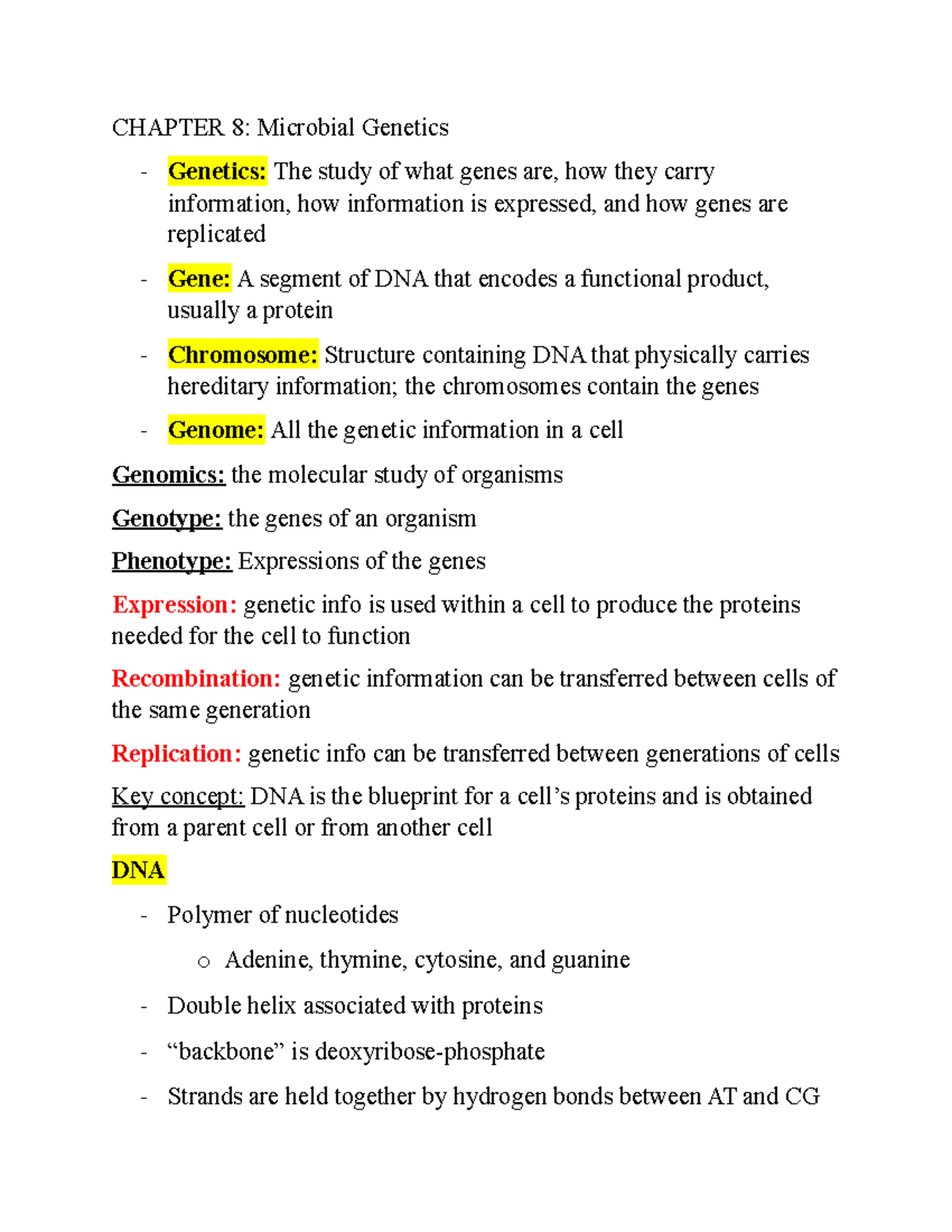 CH.8 Microbial Genetics Part 1 Notes - CHAPTER 8: Microbial Genetics ...