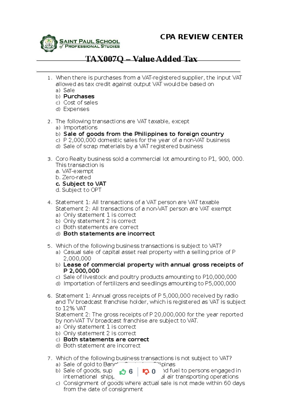 Vat Tax test bank - CPA REVIEW CENTER TAX007Q – Value Added Tax 1. When ...