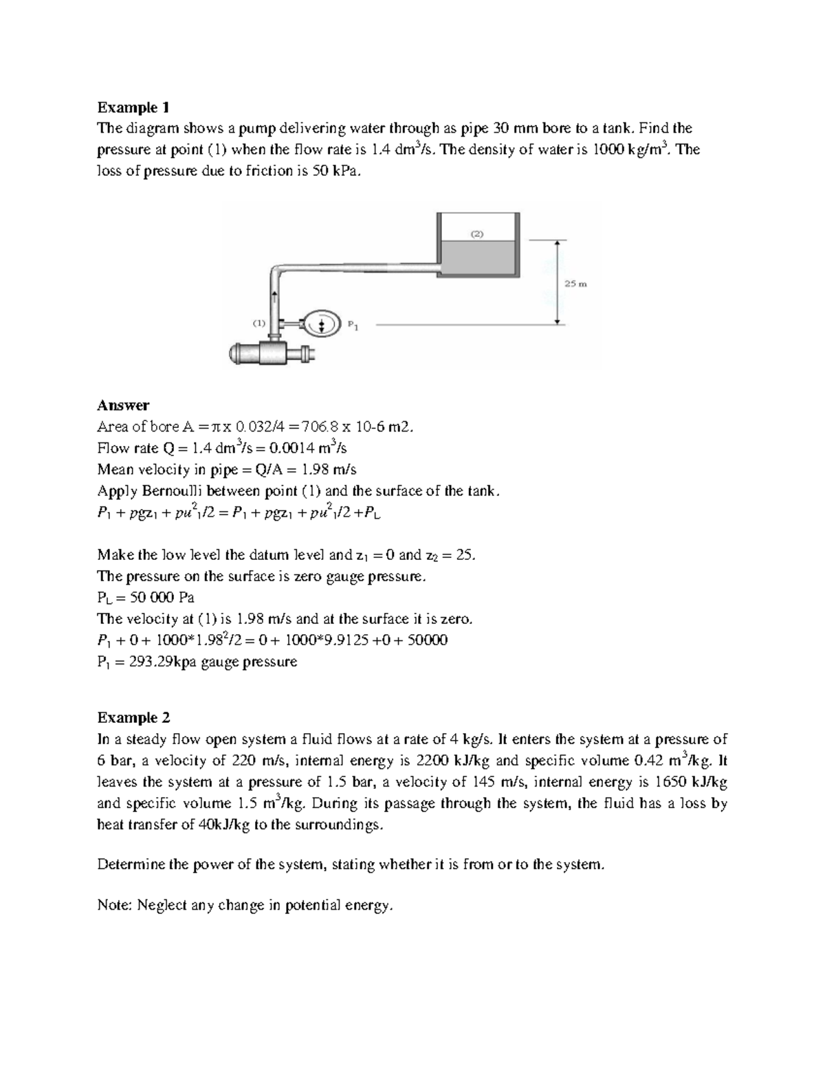 Bernouli Equation Problems 4 - Example 1 The diagram shows a pump ...