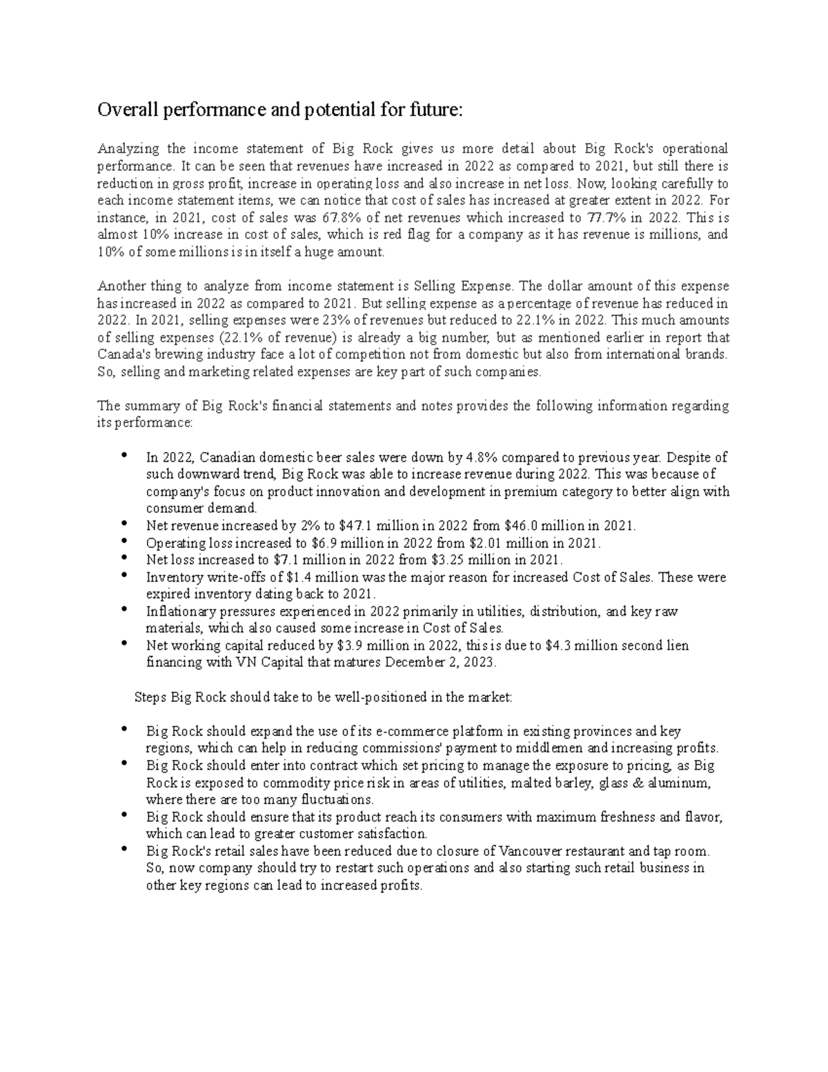 Overall performance & potentials of Big Rock Brewery Overall