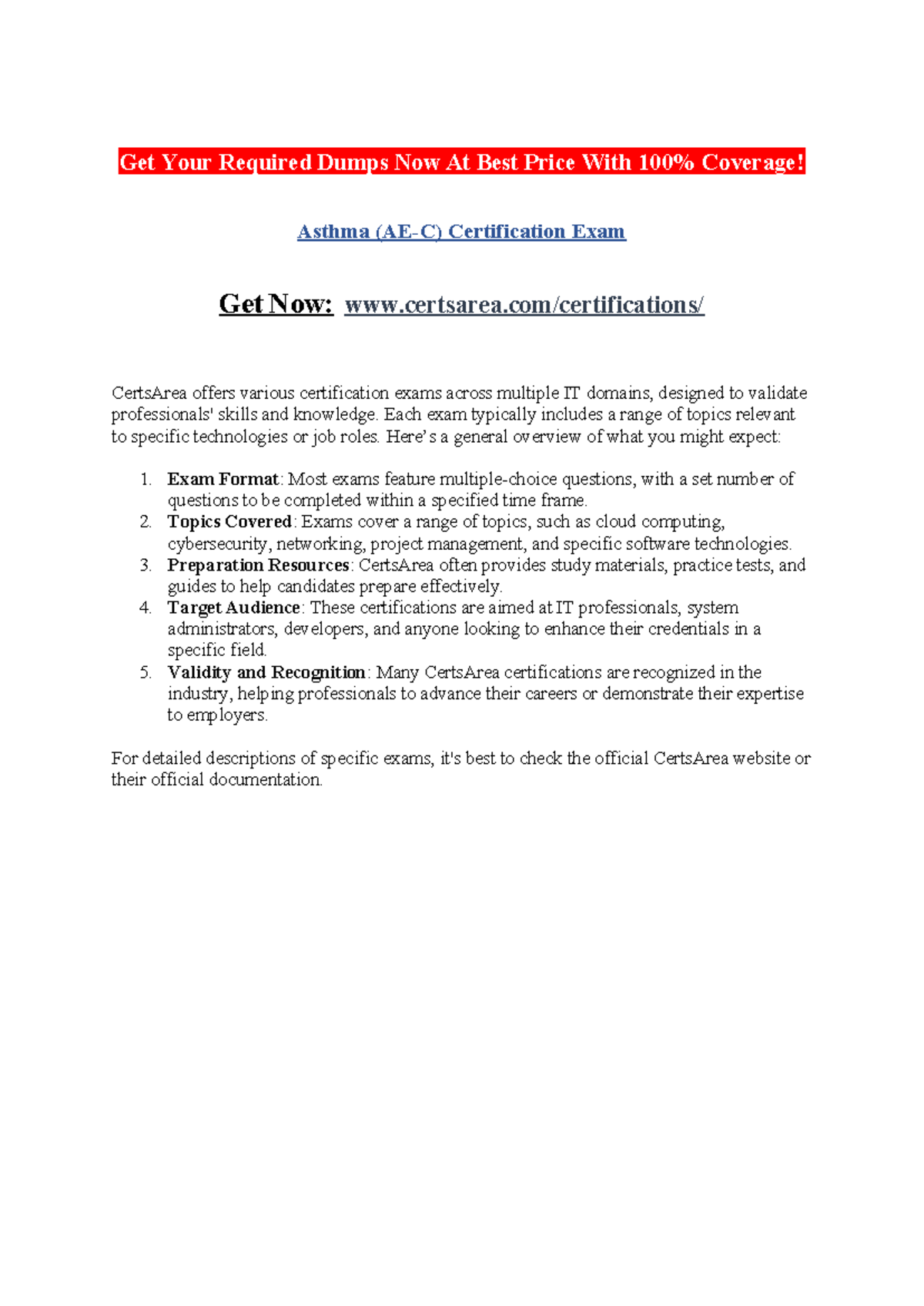 Asthma (AE C) Certification Exam Get Your Required Dumps Now At Best