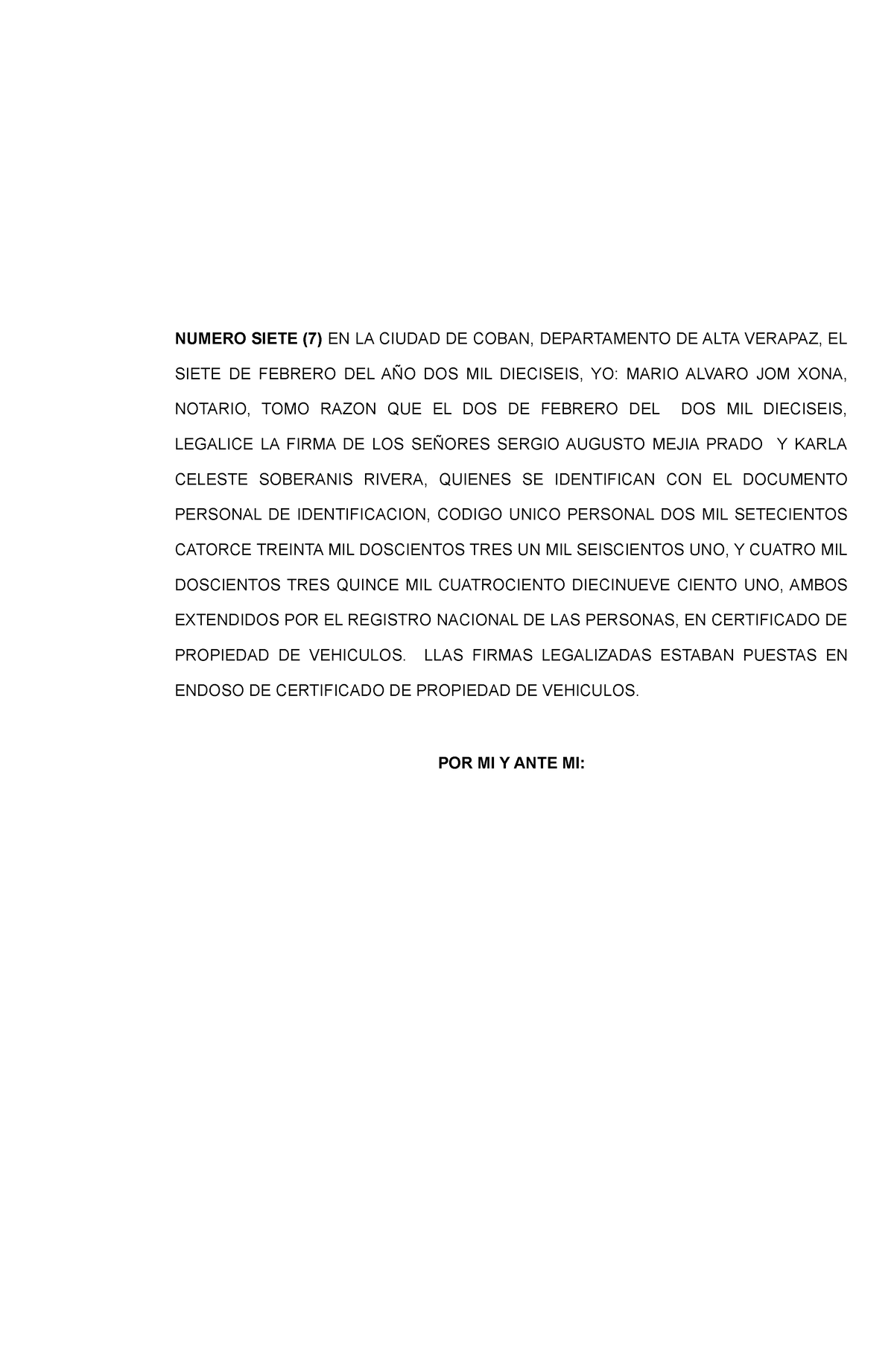 Razon DE ACTA DE Legalizacion DE Firma - NUMERO SIETE (7) EN LA CIUDAD ...