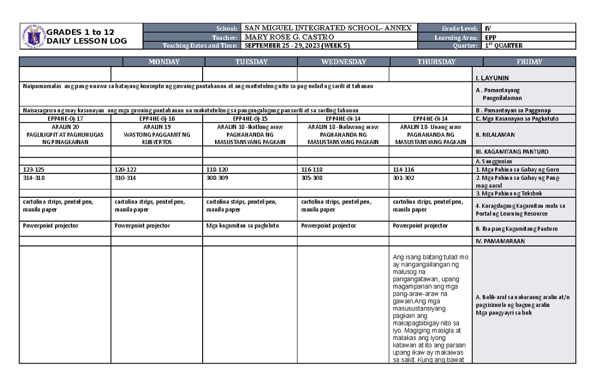 DLL EPP 4 Q1 W5 - n/a - GRADES 1 to 12 DAILY LESSON LOG School: SAN ...