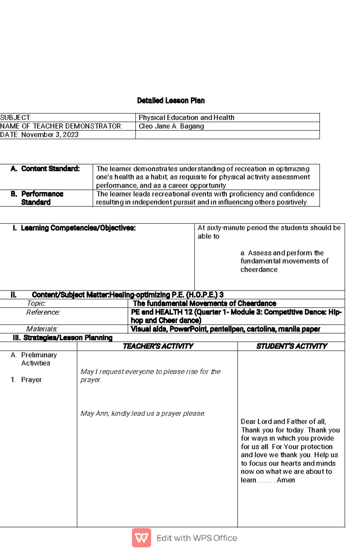 DLP-3 - Detail Lesson Plan - Detailed Lesson Plan SUBJECT: Physical ...